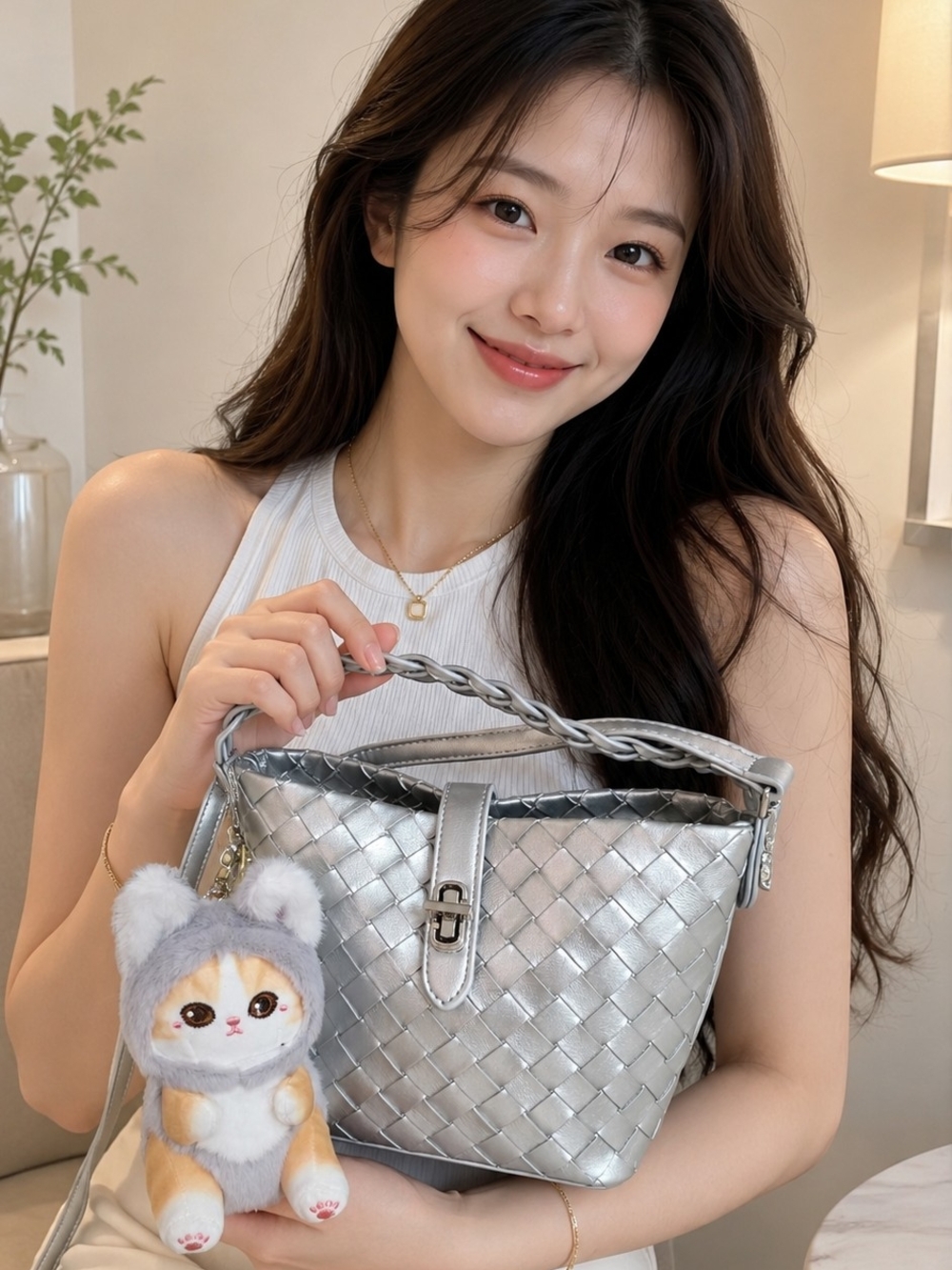 Woven Metallic Silver Shoulder/crossbody Bag - Women Bottega